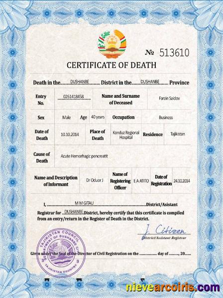 Editable Tajikistan Vital Record Death Certificate PSD Template