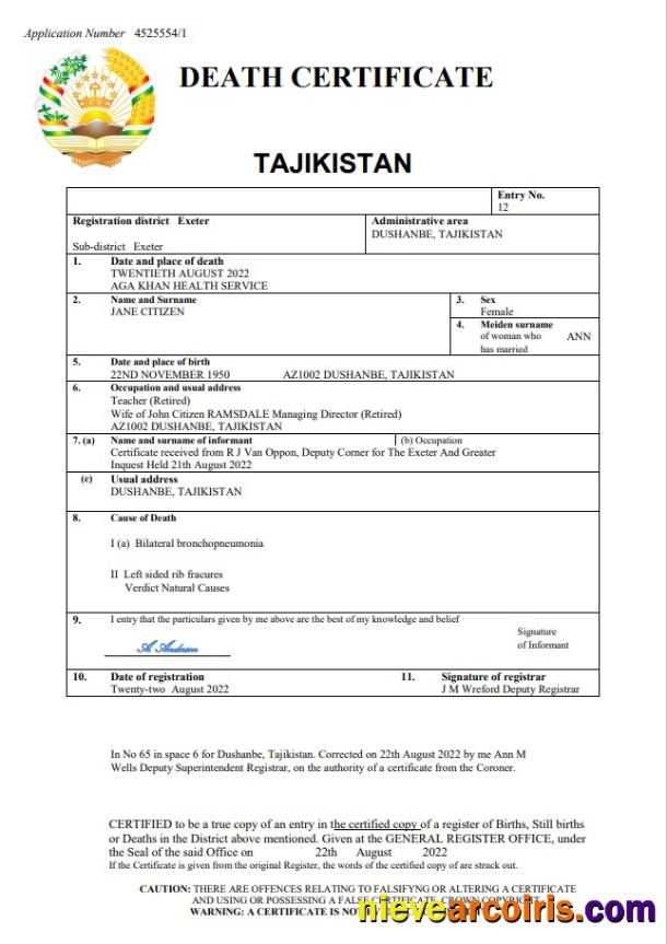 Realistic Tajikistan Vital Record Death Certificate Word And PDF Template