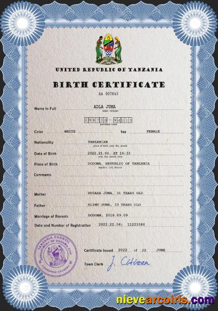 Realistic Tanzania Birth Certificate PSD Template