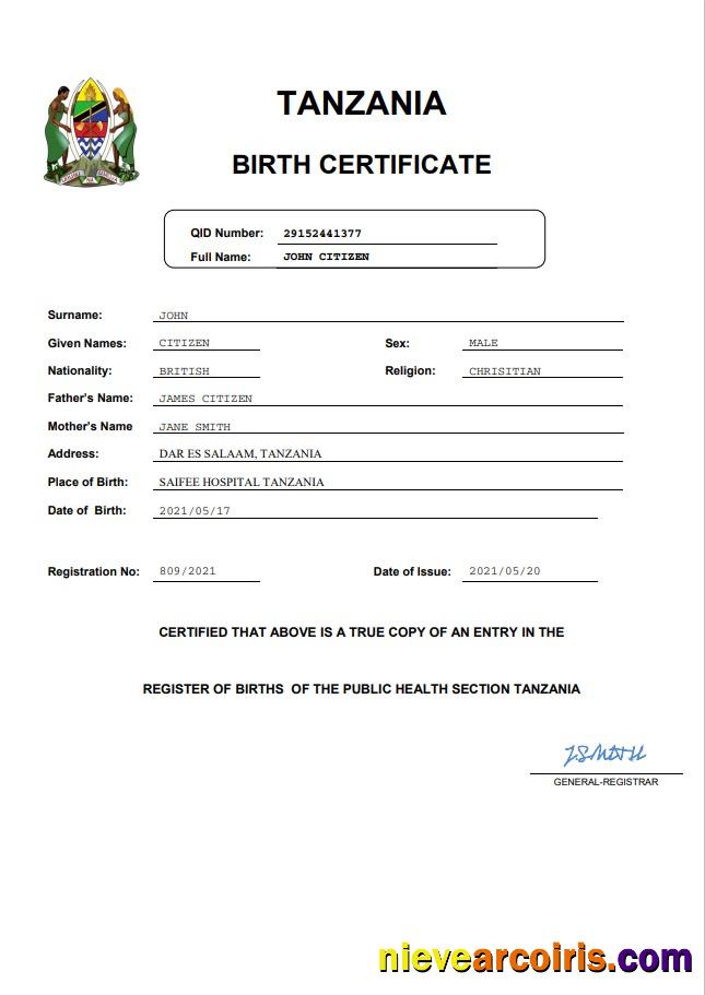 Realistic Tanzania Birth Certificate Word And PDF Template