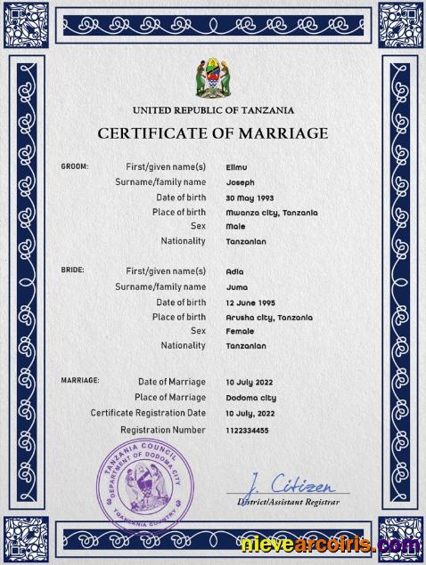 Professional Tanzania Marriage Certificate PSD Template