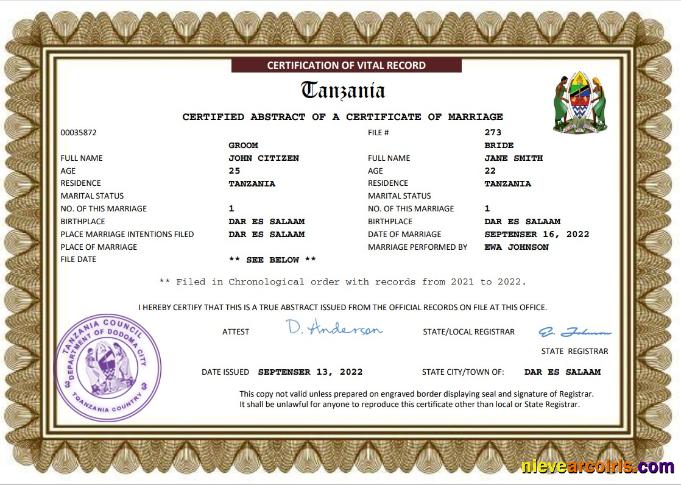 Realistic Tanzania Marriage Certificate Word And PDF Template
