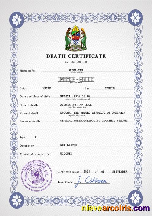 Realistic Tanzania Vital Record Death Certificate PSD Template