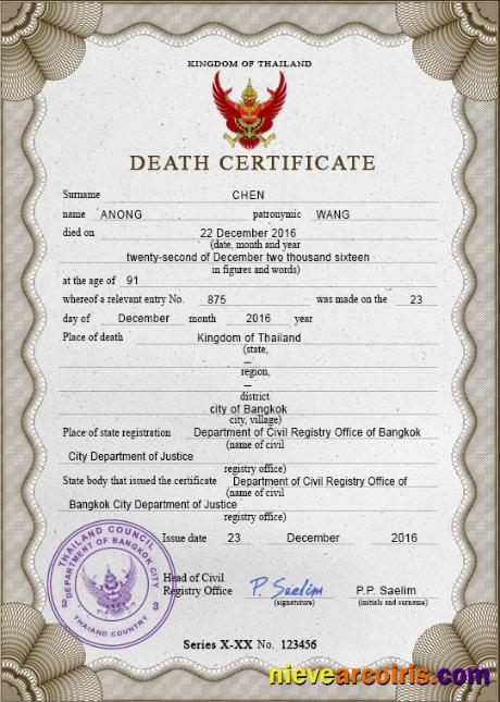 Editable Thailand Death Certificate PSD Template