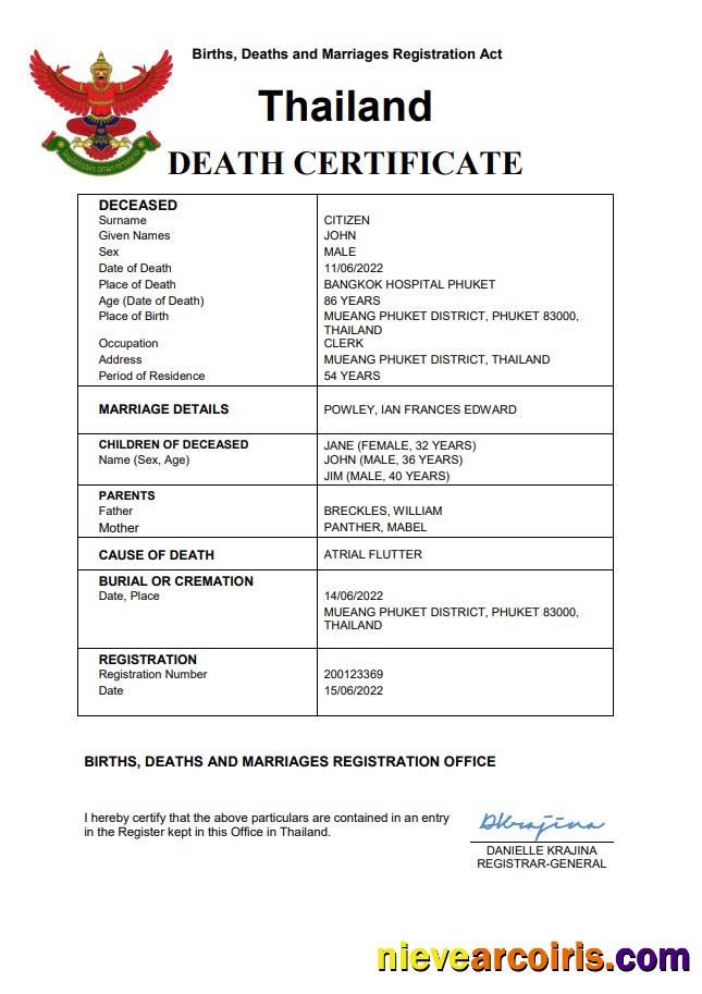 Editable Thailand Death Certificate Word And PDF Template