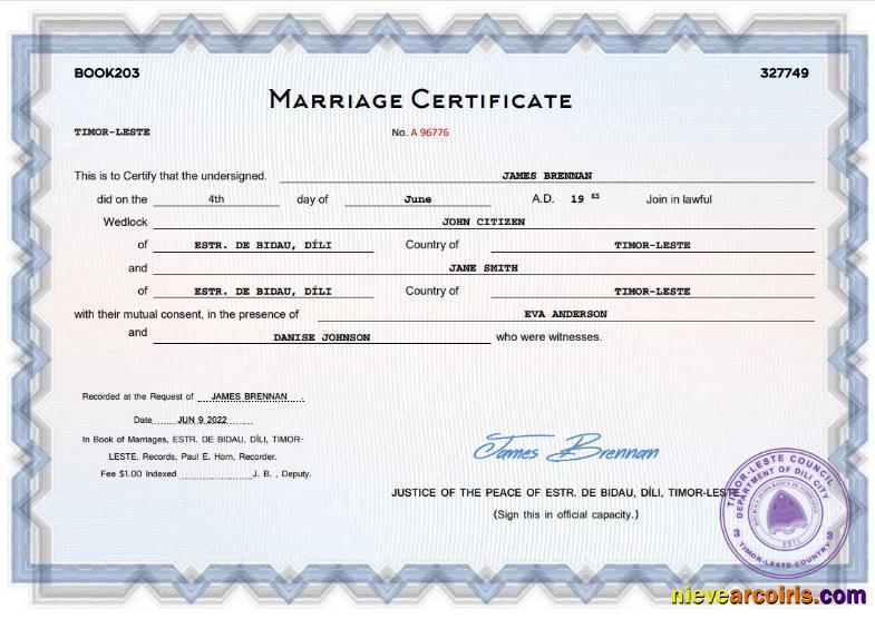 Premium Timor Leste Marriage Certificate Word And PDF Template