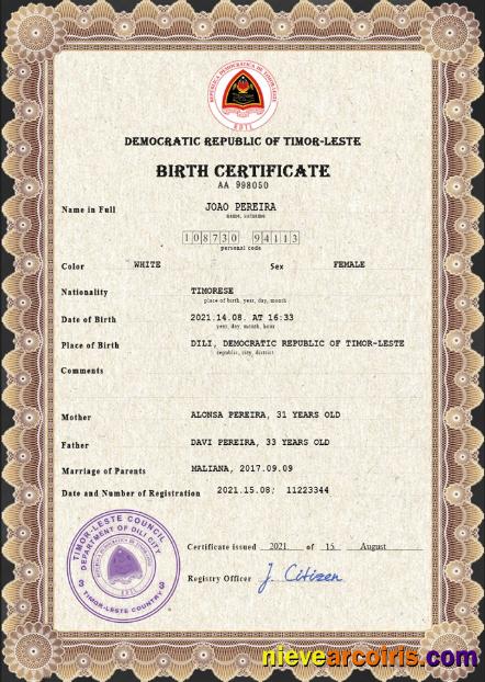 Professional Timor Leste Vital Record Birth Certificate PSD Template