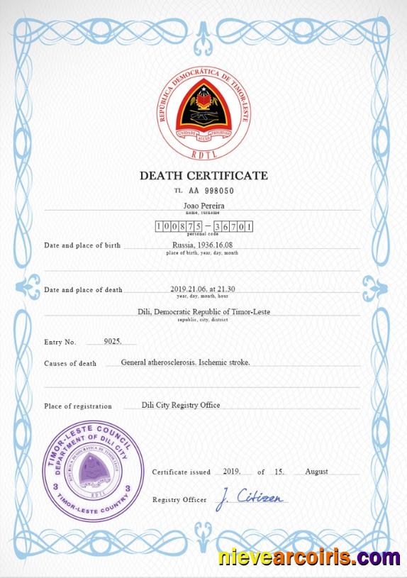 Premium Timor Leste Vital Record Death Certificate PSD Template