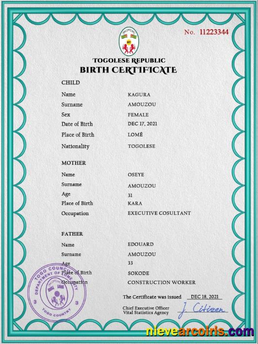 Editable Togo Birth Certificate PSD Template