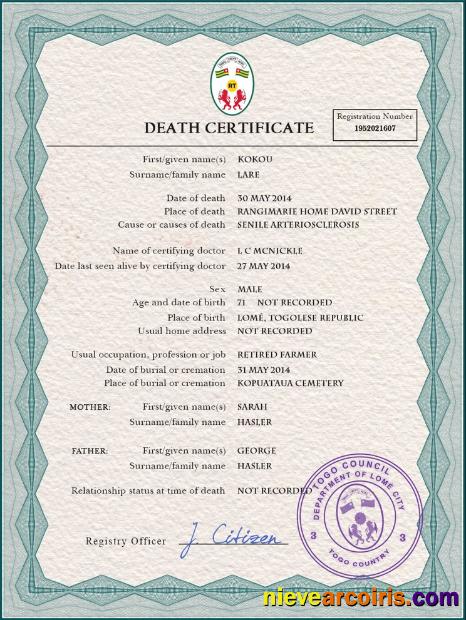 Professional Togo Death Certificate PSD Template