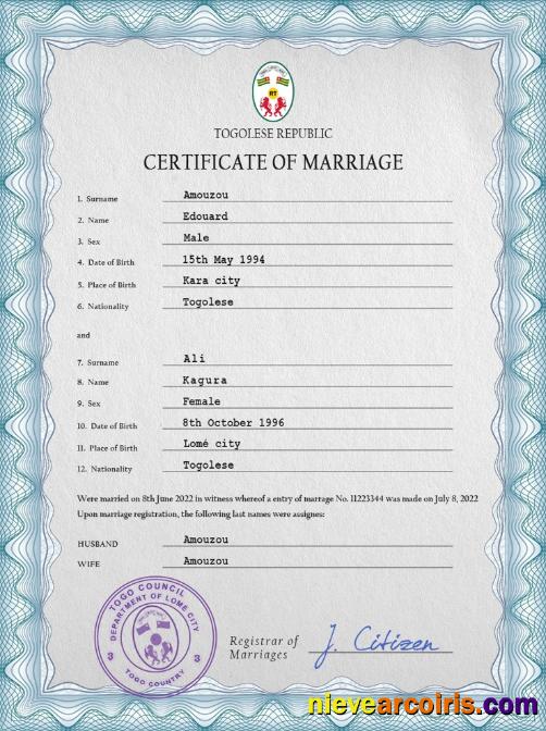 Editable Togo Marriage Certificate PSD Template