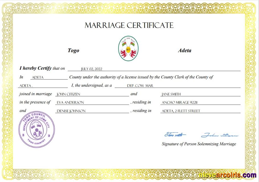 Realistic Togo Marriage Certificate Word And PDF Template