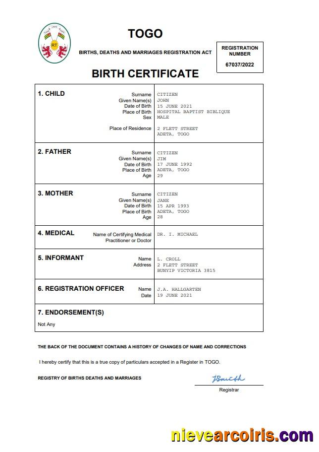 Editable Togo Vital Record Birth Certificate Word And PDF Template