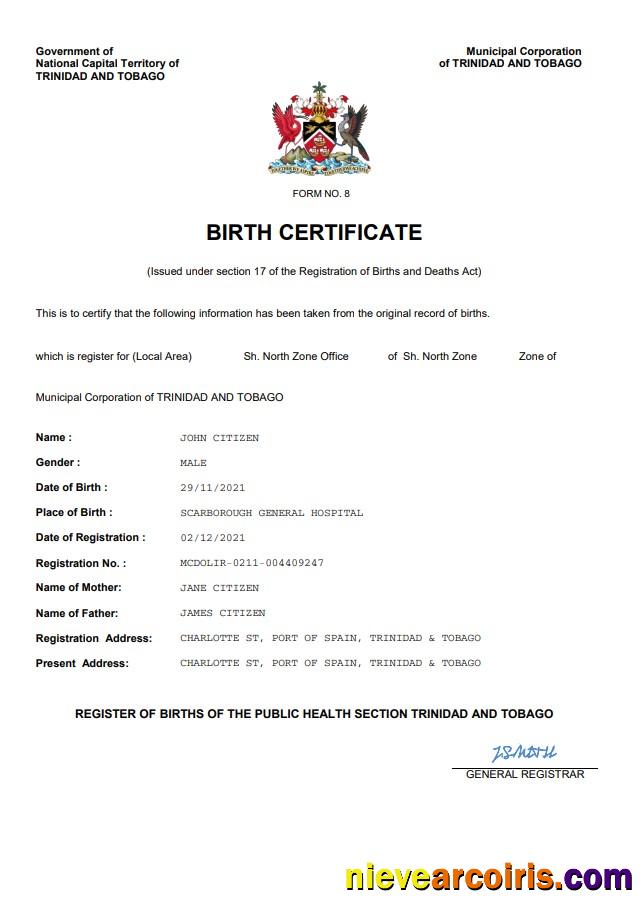 Editable Trinidad & Tobago Birth Certificate Word And PDF Template