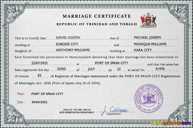 Realistic Trinidad And Tobago Marriage Certificate PSD Template