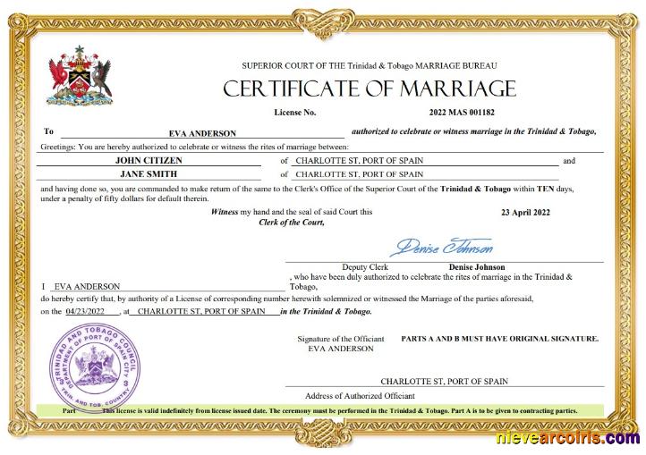 Editable Trinidad And Tobago Marriage Certificate Word And PDF Template