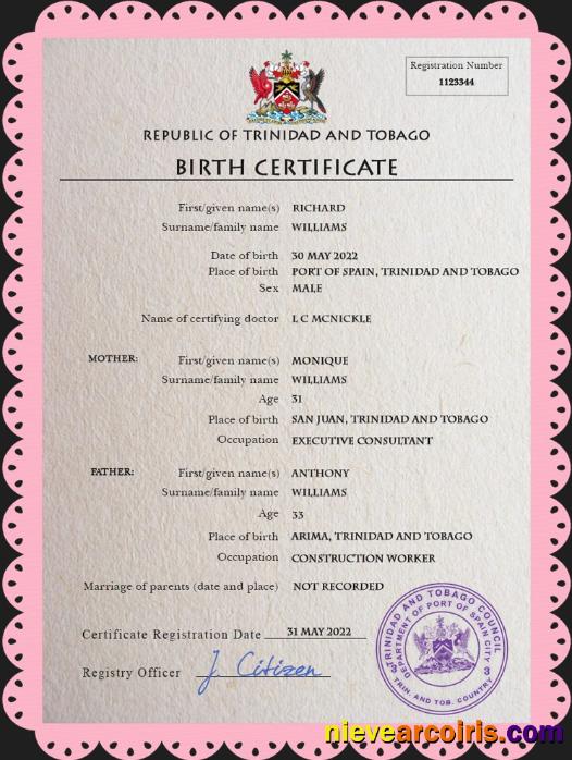 Premium Trinidad And Tobago Vital Record Birth Certificate PSD Template