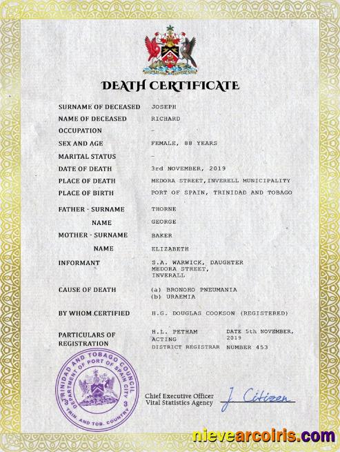 Professional Trinidad And Tobago Vital Record Death Certificate PSD Template