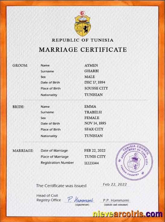 Professional Tunisia Marriage Certificate PSD Template