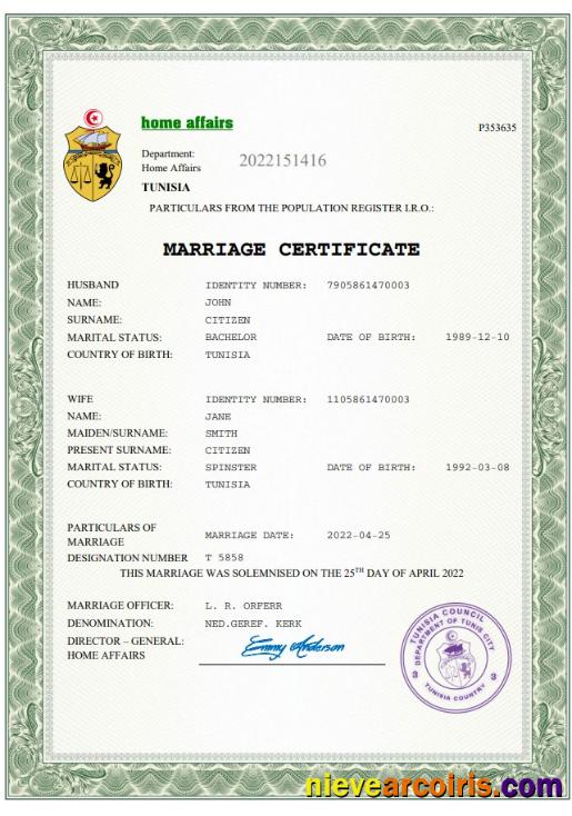 Professional Tunisia Marriage Certificate Word And PDF Template