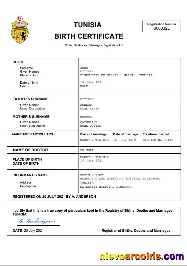 Premium Tunisia Vital Record Birth Certificate Word And PDF Template