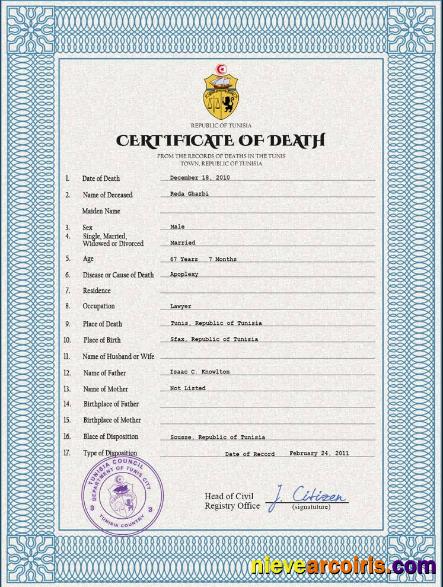 Editable Tunisia Vital Record Death Certificate PSD Template