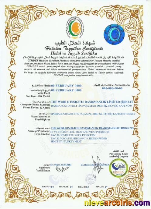 Turkey Halalen Tayyiben Certificate PSD Sample Sample