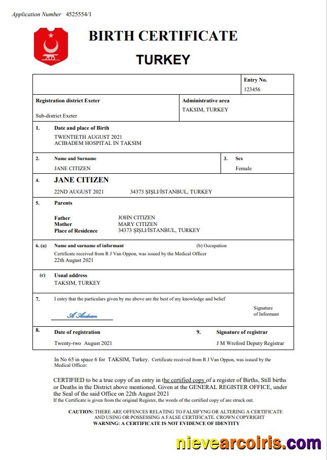 Turkey Birth Certificate In Word And PDF Format Template