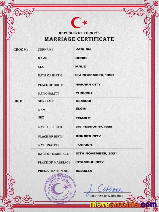 Realistic Turkey Marriage Certificate PSD Template