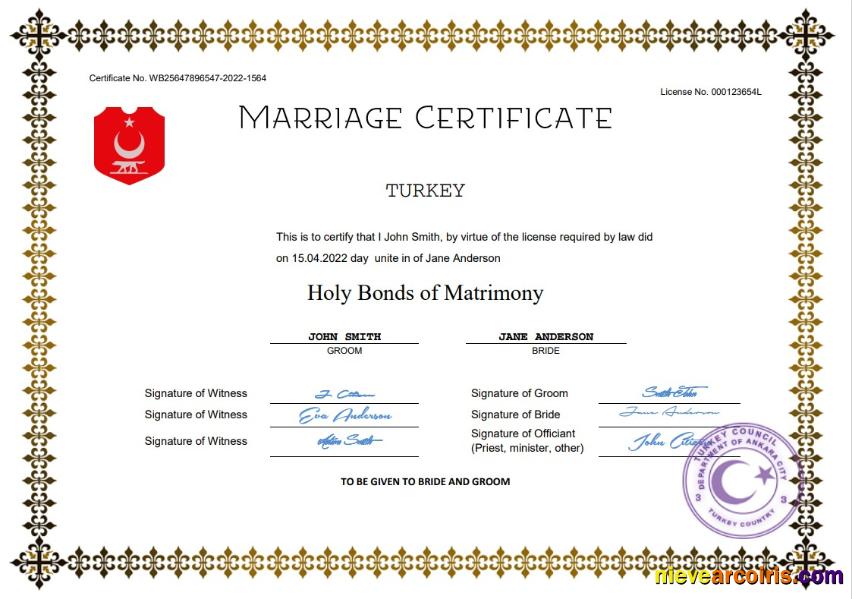 Realistic Turkey Marriage Certificate Word And PDF Template
