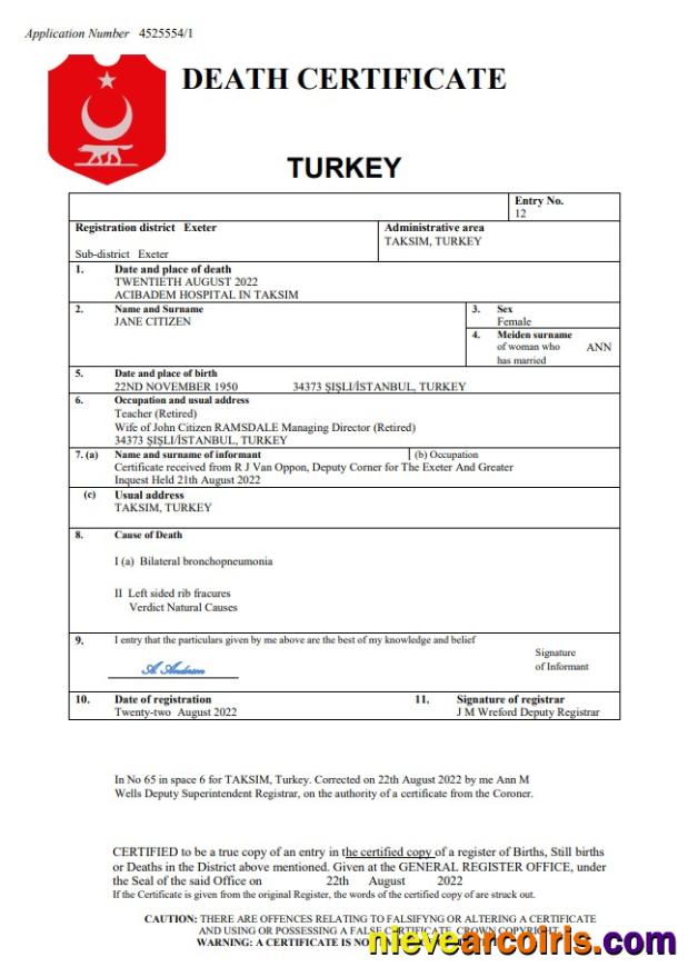 Editable Turkey Vital Record Death Certificate Word And PDF Template