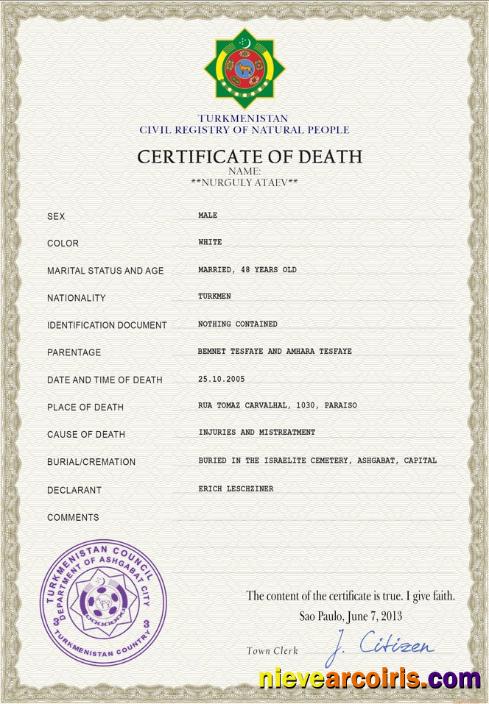 Realistic Turkmenistan Death Certificate PSD Template