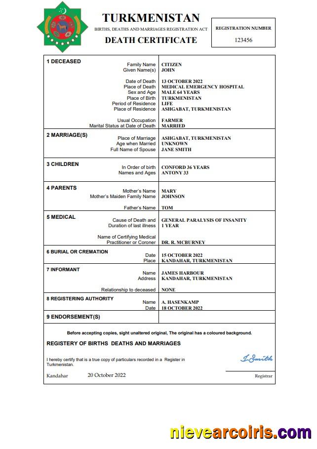 Professional Turkmenistan Death Certificate Word And PDF Template