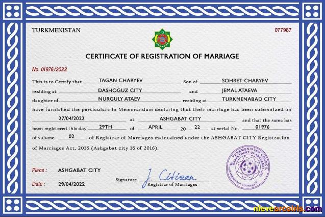 Editable Turkmenistan Marriage Certificate PSD Template