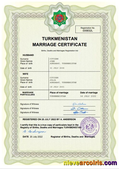 Editable Turkmenistan Marriage Certificate Word And PDF Template