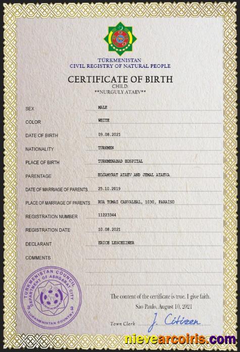 Professional Turkmenistan Vital Record Birth Certificate PSD Template