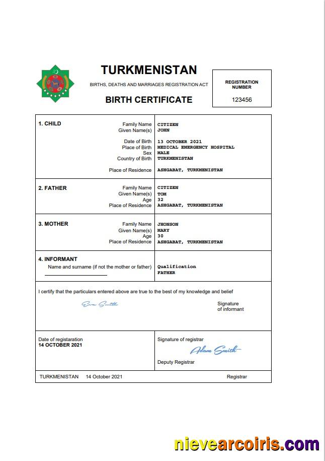 Editable Turkmenistan Vital Record Birth Certificate Word And PDF Template