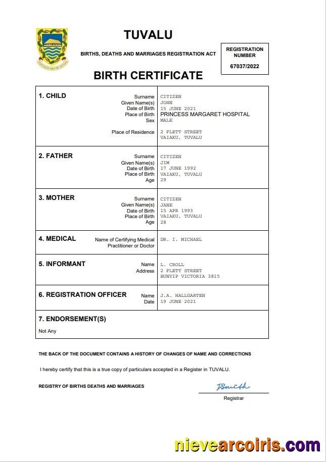 Professional Tuvalu Birth Certificate Word And PDF Template