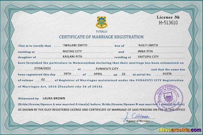 Realistic Tuvalu Marriage Certificate PSD Template