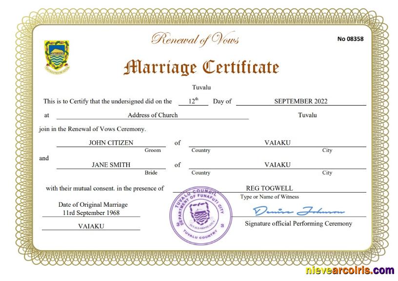Editable Tuvalu Marriage Certificate Word And PDF Template