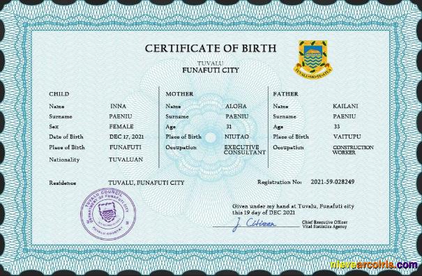Editable Tuvalu Vital Record Birth Certificate PSD Template