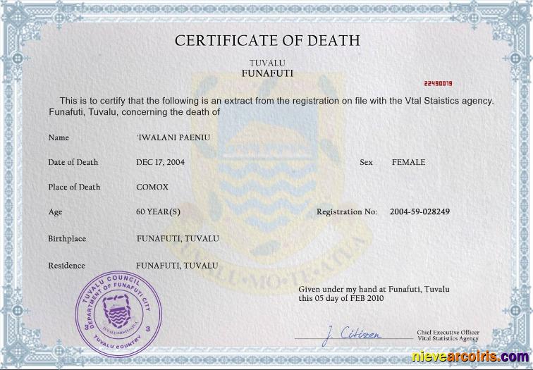 Professional Tuvalu Vital Record Death Certificate PSD Template