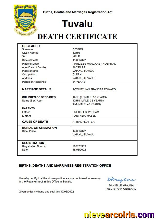 Realistic Tuvalu Vital Record Death Certificate Word And PDF Template