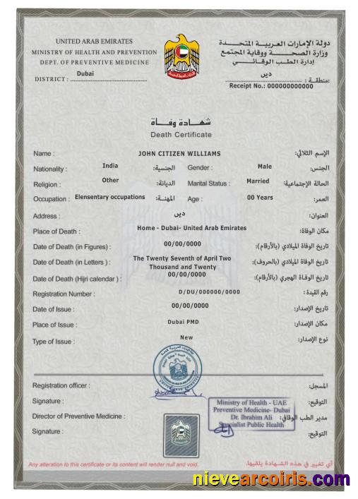 Premium UAE Death Certificate PSD Template