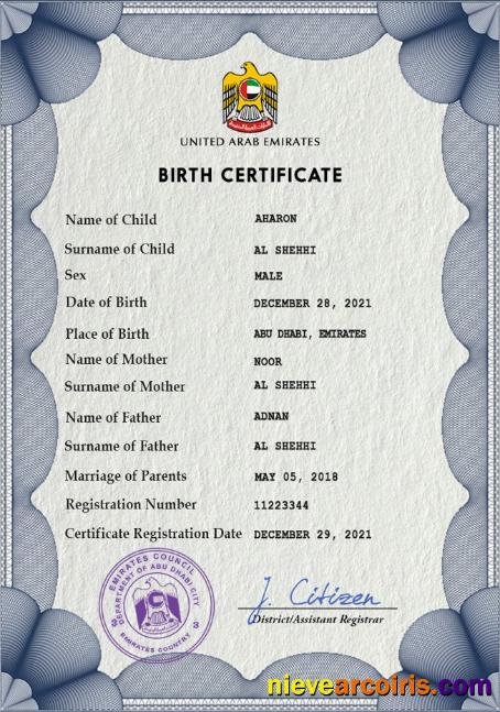 Editable UAE Vital Record Birth Certificate PSD Template