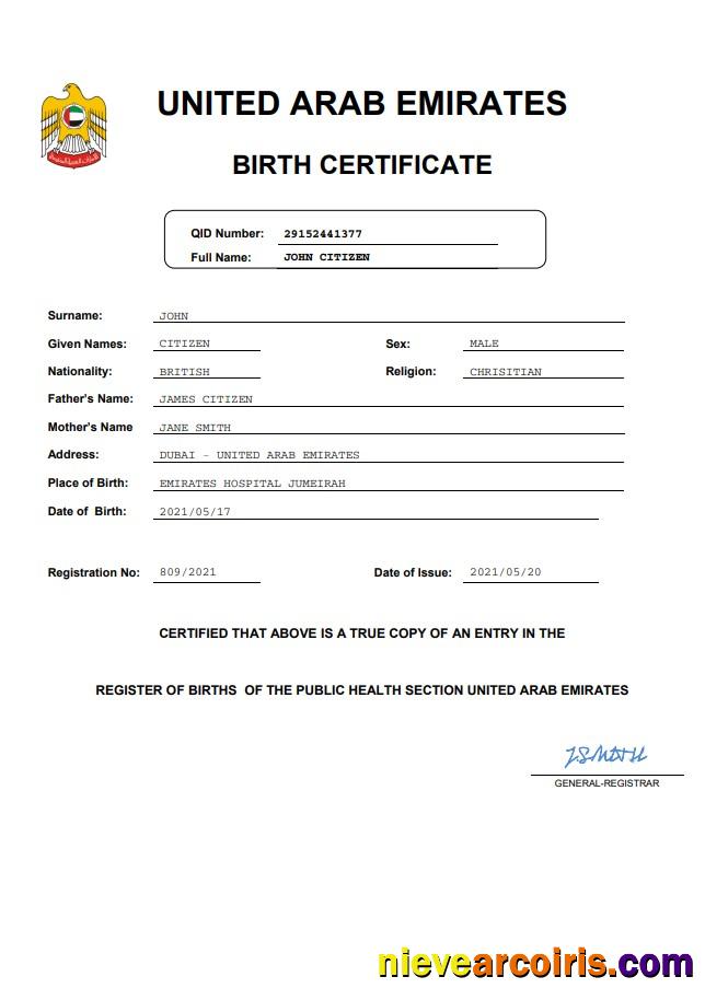 Premium UAE Vital Record Birth Certificate Word And PDF Template
