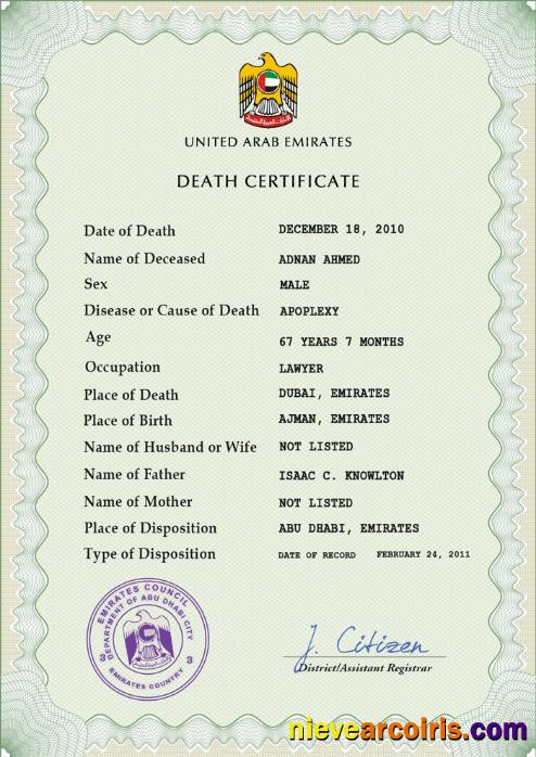 Professional UAE Vital Record Death Certificate PSD Template