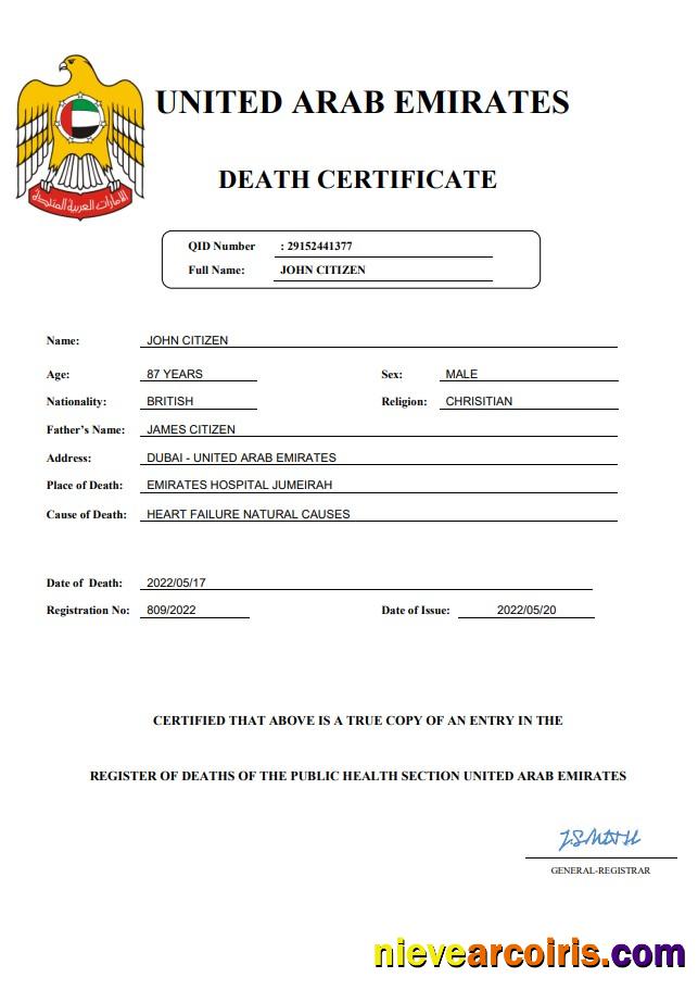 Premium UAE Vital Record Death Certificate Word And PDF Template