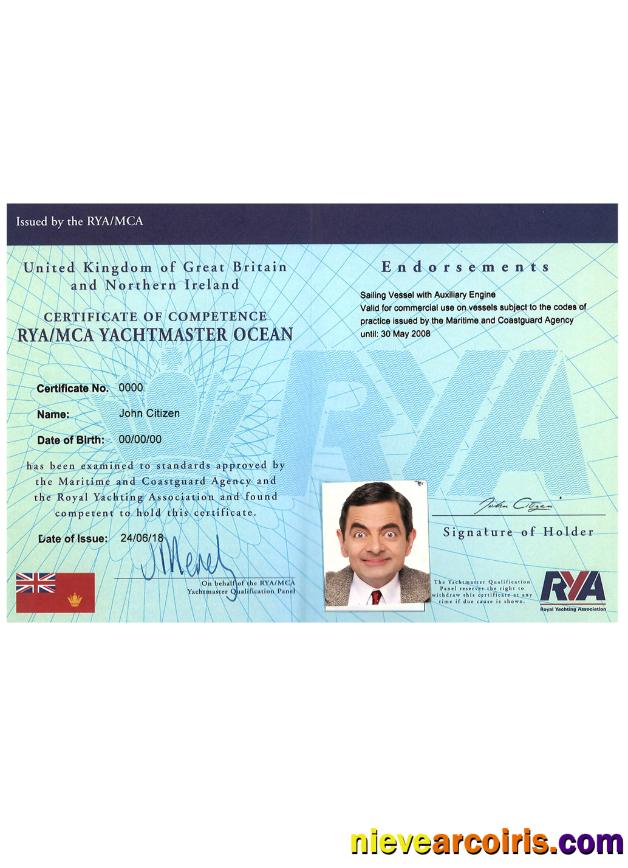 UK RYA Yachtmaster Certificates Of Competence Preview