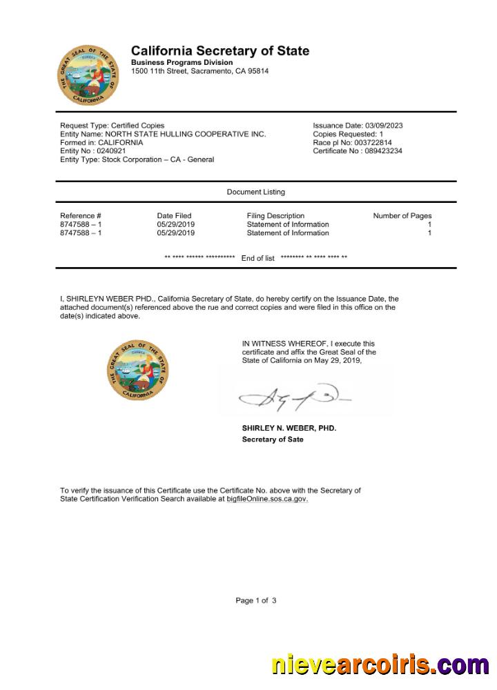 Realistic USA California State Document Autentication Certificate Word And PDF Template